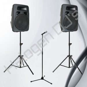 2 Powered Speakers with Stands, and Vocal Microphone with Stand - Level 1 AV Package Hire