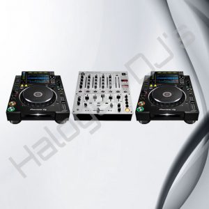 Two Pioneer brand CDJ2000 series CD DJ players with a Pioneer brand DJM600 series DJ mixer pack - 2 x Pioneer CDJ2000 CD Player & DJM600 Mixer Hire with Halogen DJ Company