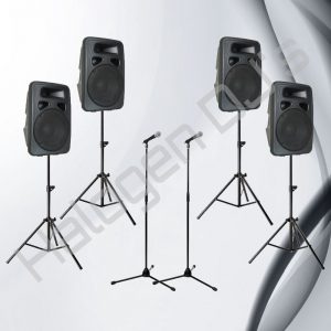 4 Speakers with Stands, and 2 Microphones with Stands - Level 2 AV Package Hire
