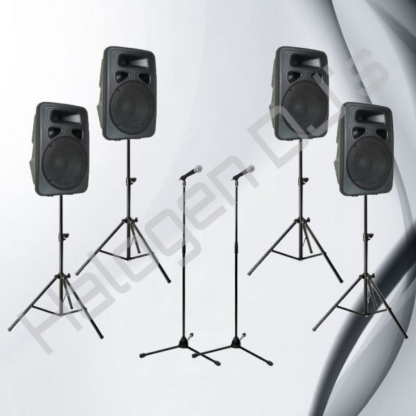 4 Speakers with Stands, and 2 Microphones with Stands - Level 2 AV Package Hire