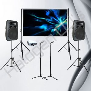 2 Speakers, 2 Microphones, Projector and Screen with Stands - Level 3 AV Package Hire