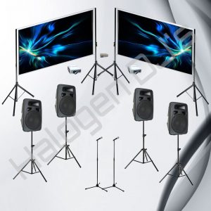4 Speakers, 2 Microphones, and 2 Projectors with Screens and Stands. VGA Video Splitter - Level 4 AV Package Hire