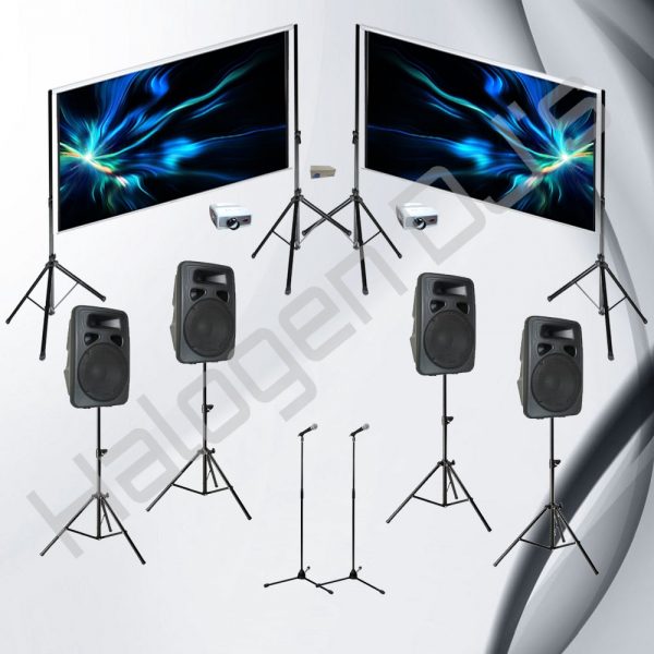 4 Speakers, 2 Microphones, and 2 Projectors with Screens and Stands. VGA Video Splitter - Level 4 AV Package Hire