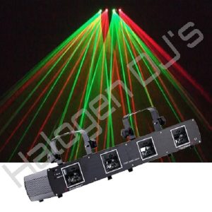 Four lens laser light. Red and green coloured lasers at 80 milliwatt and 100 milliwatt power - Quad Lens Red & Green 80mW x 100mW Laser Light Hire with Halogen DJ Company