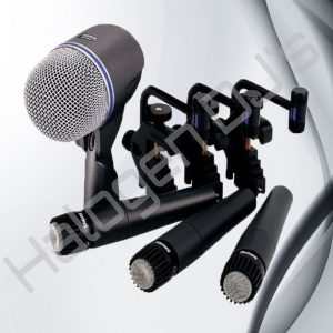 3 Shure SM57, a Shure Beta 52A, 3 drum kit mounts and 3 microphone clips - Shure DMK 5257 Drum Kit Microphones Hire with Halogen DJ Company