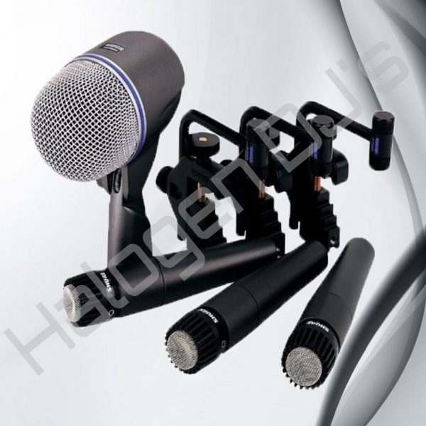 3 Shure SM57, a Shure Beta 52A, 3 drum kit mounts and 3 microphone clips - Shure DMK 5257 Drum Kit Microphones Hire with Halogen DJ Company