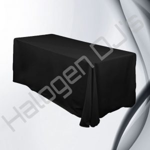 Table for use with DJ equipment, photo booths, PA systems and more. 2 by 4 metre table with black skirt trestle table - DJ 56KT 2 x 4 Black Skirt Trestle Table Hire with Halogen DJ Company