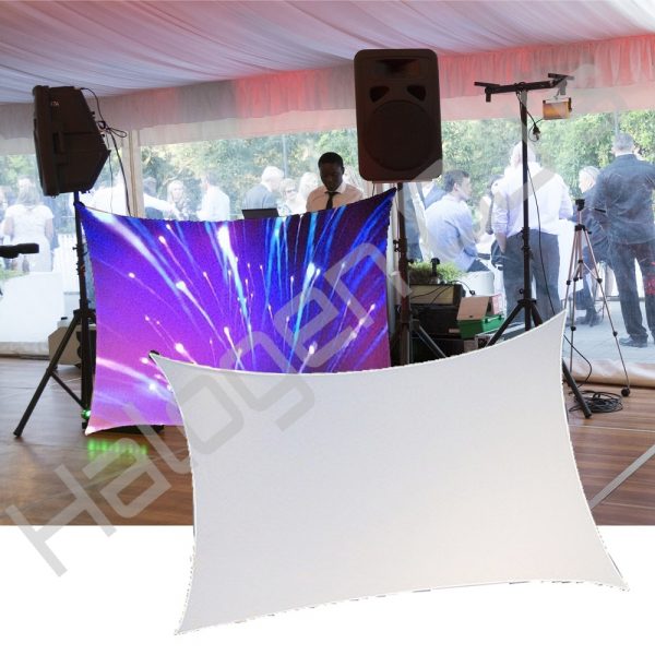 Stretch design dj facade wall backdrop screen that can be backlit and used to hide cables and other unsightly components of equipment setup - DJ Facade Stretch Hire with Halogen DJ Company
