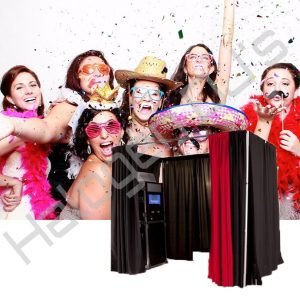 23 inch touch screen photo booth, tripod stand, DNP DS40 printer, 2m x 2m enclosed booth and props - Enclosed Photo Booth Hire with Halogen DJ Company