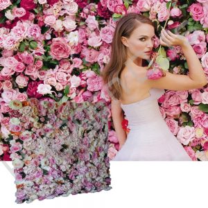 Backdrop wall with pink and white flower collage - Flower Wall Pink & White Backdrop Hire with Halogen DJ Company
