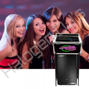 Touch screen karaoke jukebox with 2 x Chaser lights, microphone and speaker - Karaoke Digital Jukebox Hire with Halogen DJ Company