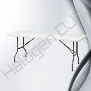 2.5 by 6 foot trestle table that can be folded up for easy storage and transport - Large 2.5 x 6 ft Trestle Table Hire with Halogen DJ Company