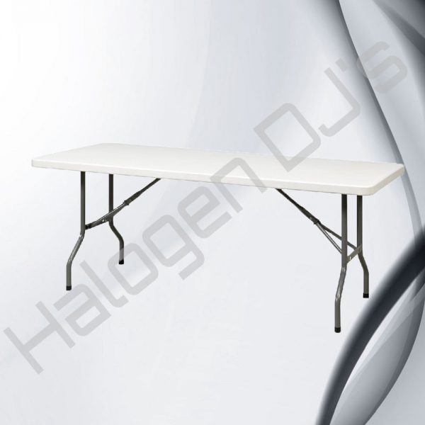 2.5 by 6 foot trestle table that can be folded up for easy storage and transport - Large 2.5 x 6 ft Trestle Table Hire with Halogen DJ Company