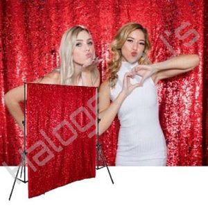 Red glittering backdrop curtain with stands - Red Glitter Backdrop Hire with Halogen DJ Company