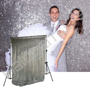 Silver glittering backdrop curtain with stands - Silver Glitter Backdrop Hire with Halogen DJ Company