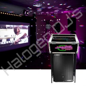 23 inch jukebox touch screen, 2 x Chaser DJ lights and speaker - Video Digital Jukebox Hire with Halogen DJ Company
